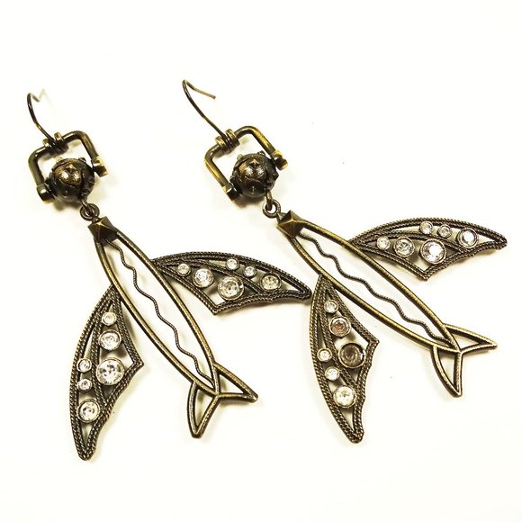 VALENTINO GARAVANI $825 Antique Gold Color Metal Clear Crystals Dangle Earrings